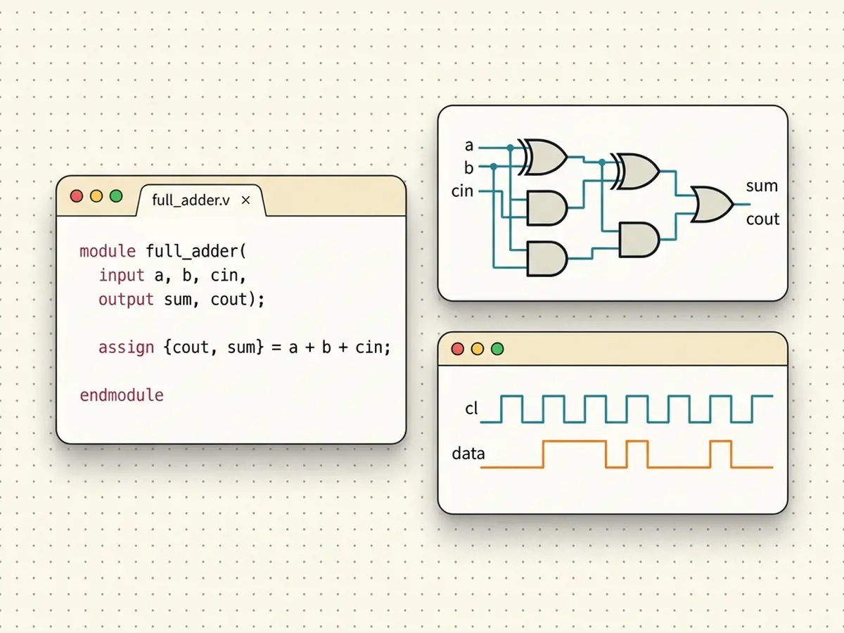 HDL playground showing a Verilog module and testbench with a waveform